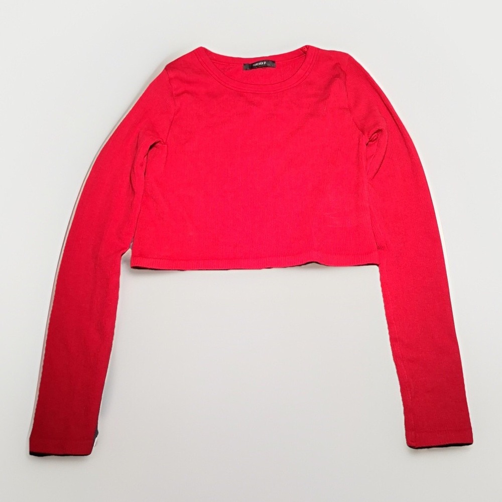 Forever 21 Womens Red Ribbed Long Sleeve Crew Neck Crop Top